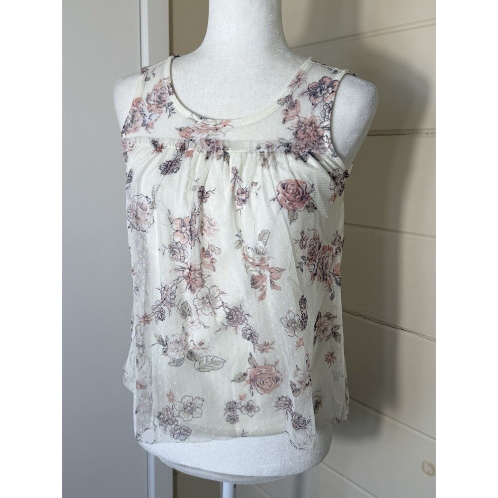 No Boundaries Womens Tank XS Floral Mesh‎ Ivory Lined Y2K Romantic Coquette